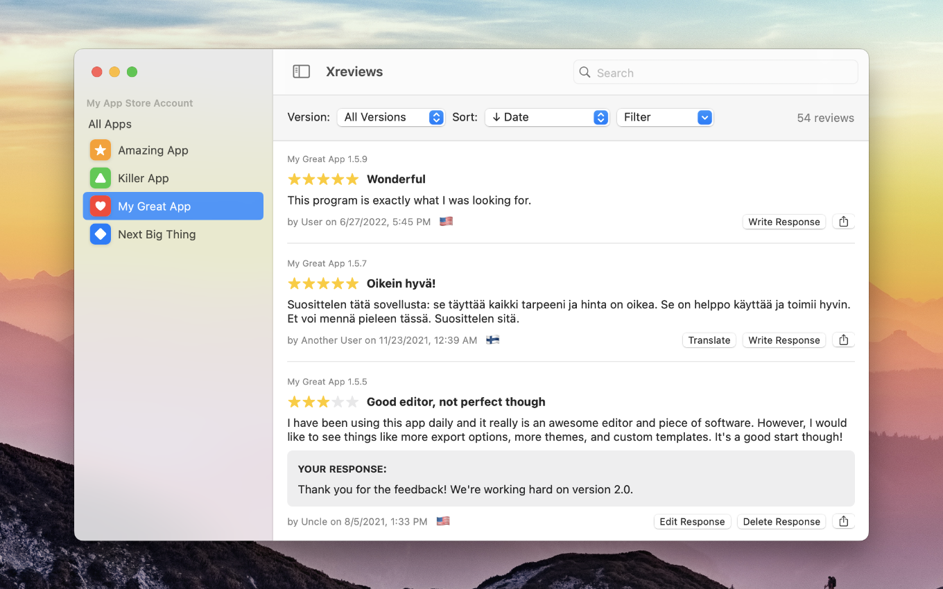 Xreviews app for Mac