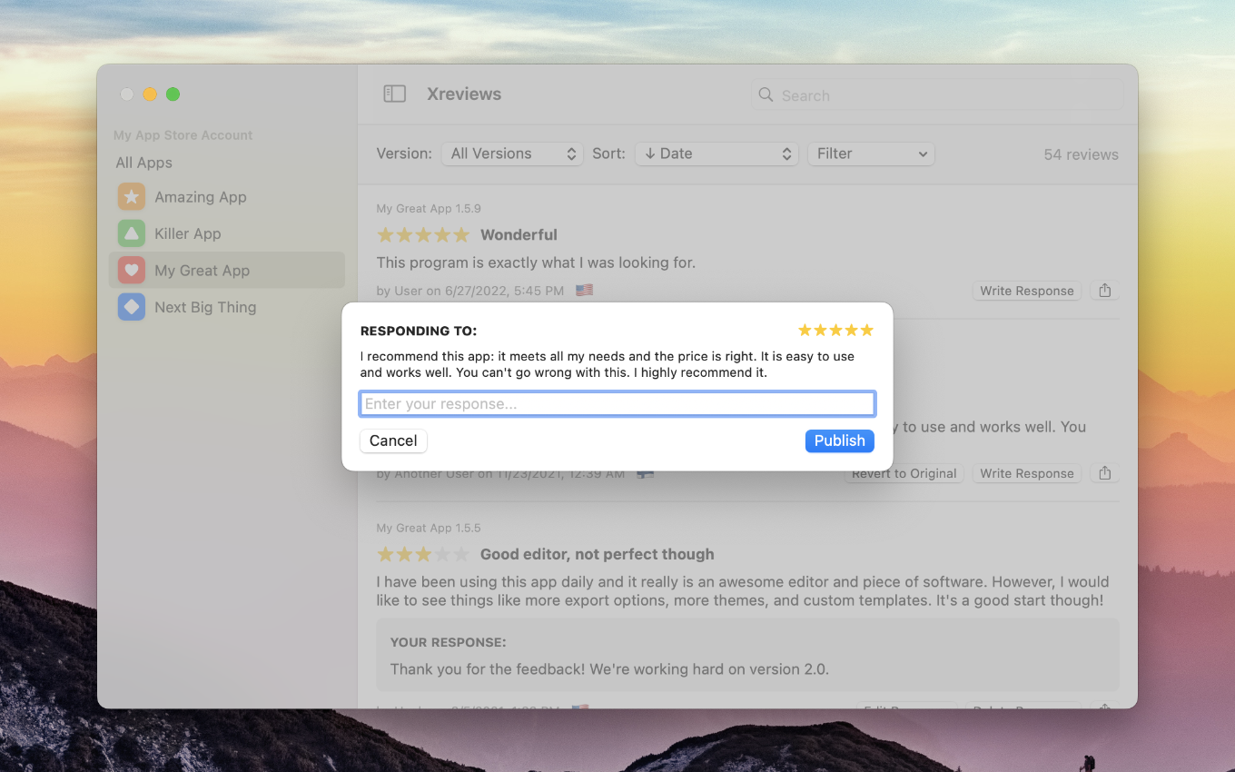 Editing responses in Xreviews app for macOS