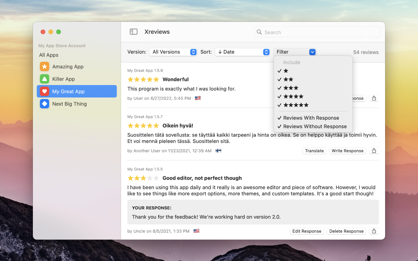 Xreviews app for macOS